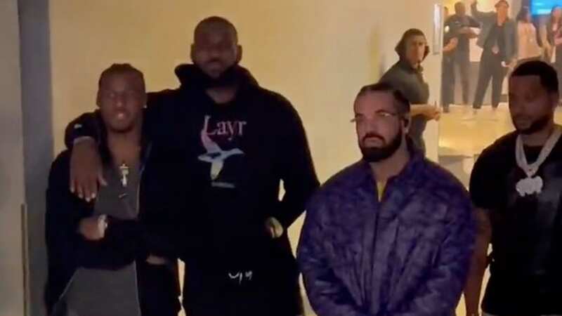 Drake was accompanied to the stage for his concert by LeBron and Bronny James (Image: Twitter)