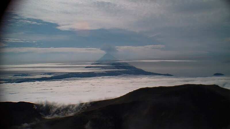 A low-level ash plume captured from the Shishaldin Volcano in Alaska on Friday, July 14 (Image: AP)