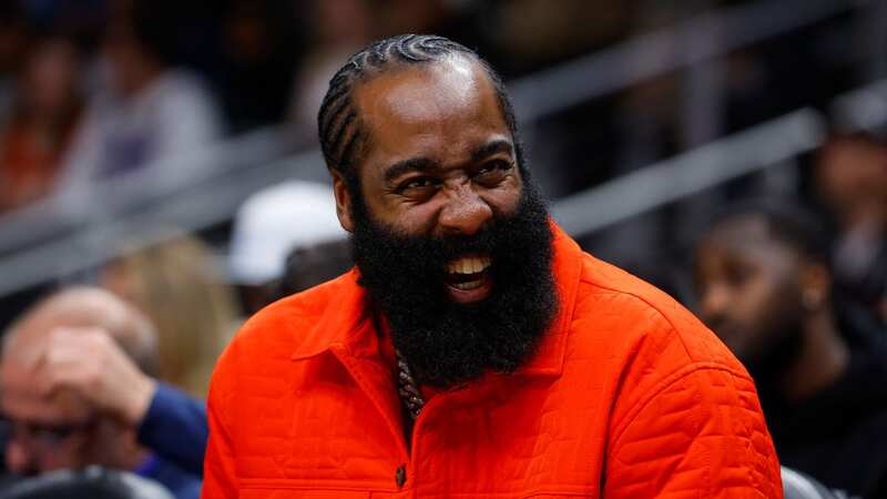 James Harden #1 of the Philadelphia 76ers reacts from the bench