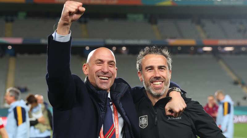 Royal Spanish Football Federation president Luis Rubiales congratulates Jorge Vilda after the semi-final win