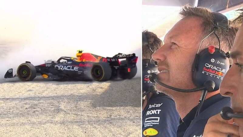 Sergio Perez lost control of his Red Bull and drifted across the gravel before hitting a barrier (Image: Sky Sports)