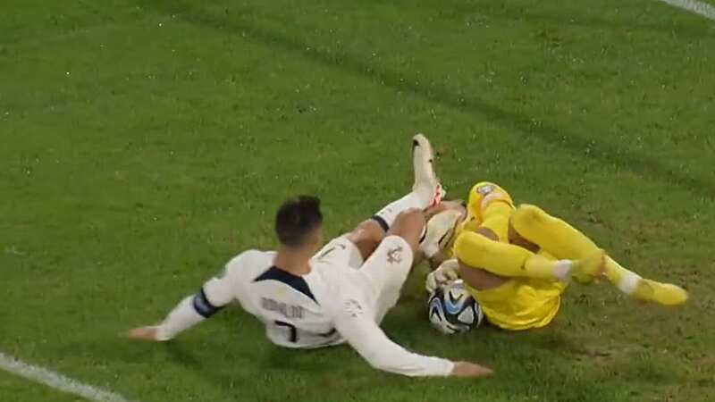 Cristiano Ronaldo challenges Martin Dubravka (Image: Viaplay Sports UK)