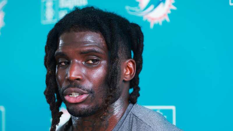 MIAMI GARDENS, FLORIDA - JULY 26: Tyreek Hill #10 of the Miami Dolphins speaks to the media after training camp practice at Baptist Health Training Complex on July 26, 2023 in Miami Gardens, Florida. (Photo by Megan Briggs/Getty Images)