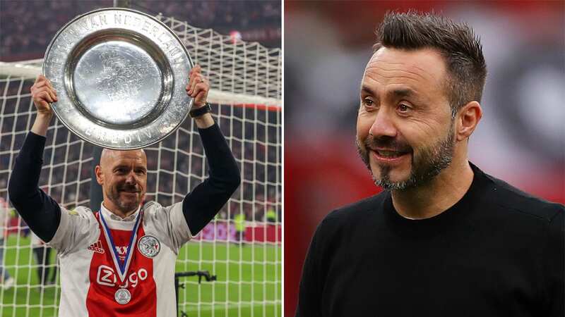 Erik Ten Hag celebrating with the Eredivisie trophy in 2022 after guiding Ajax to the title - but the club