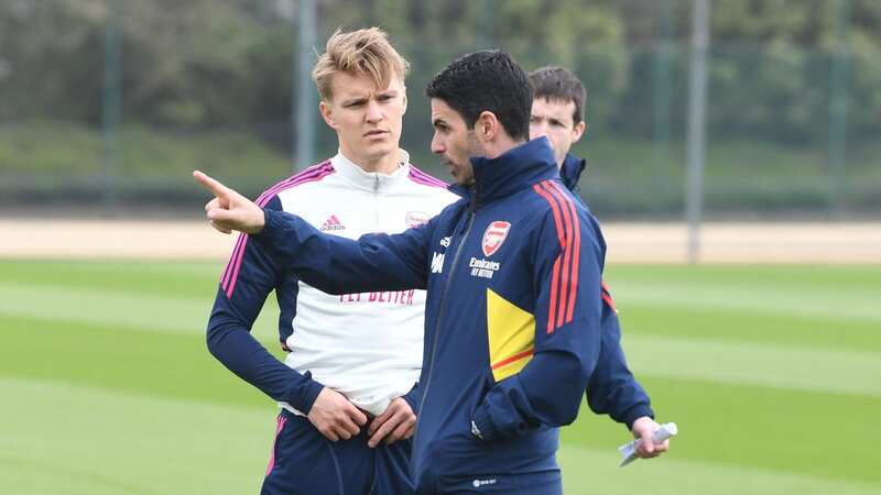 Arsenal manager Mikel Arteta with Martin Odegaard during a training session at London Colney (Image: 2023 The Arsenal Football Club Plc)