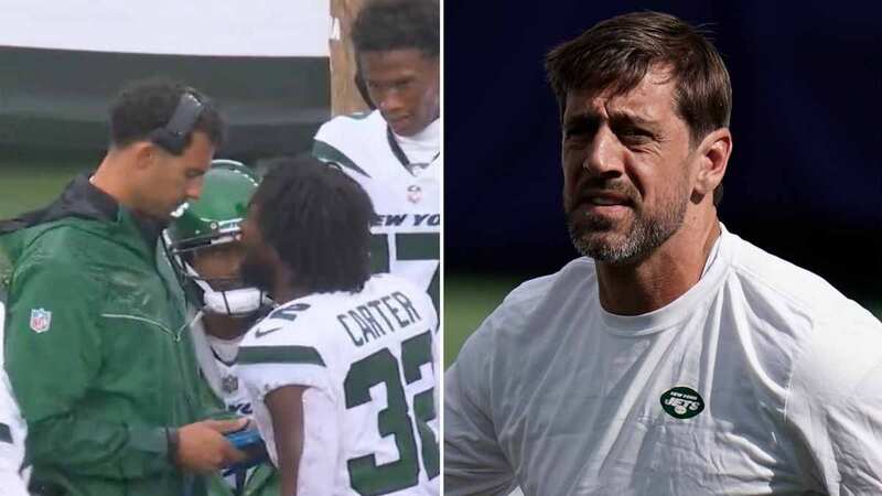 New York Jets running back Michael Carter and his position coach Taylor Embree were involved in the second of two heated scenes on the sidelines (Image: Twitter)