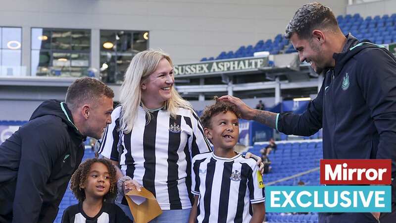Pride of Britain 2023 Child of Courage winner Ravi is surprised by Newcastle United players Kieran Trippier and Bruno Guimarães (Image: Paul Hazlewood)