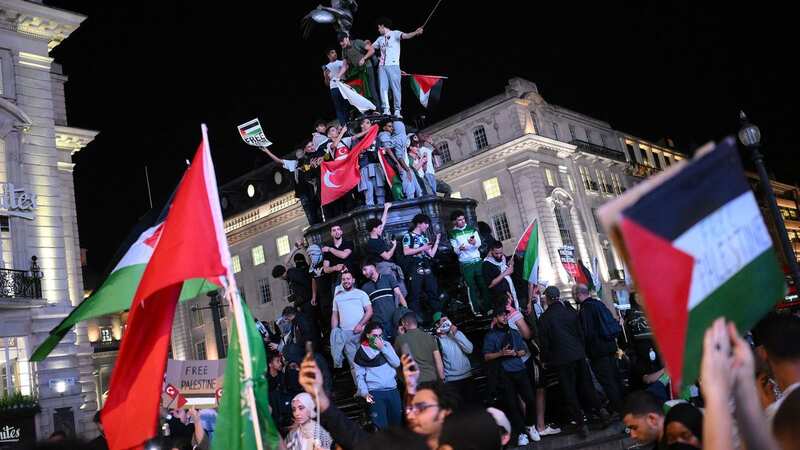 Pro-Palestine supporters waving flags and placards in Piccadilly Circus this week (Image: AFP via Getty Images)