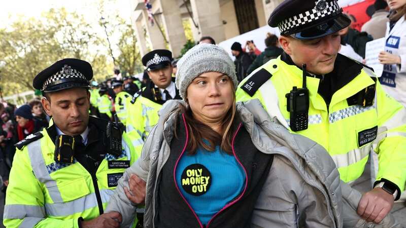 Greta Thunberg, 20, being led away by police officers at the protest yesterday (Image: AFP via Getty Images)