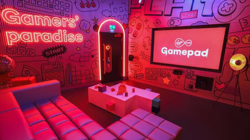 All of the rooms in the GamePad are laced in bright red neon lights in keeping with the Virgin brand (Image: Paul Hampartsoumian)