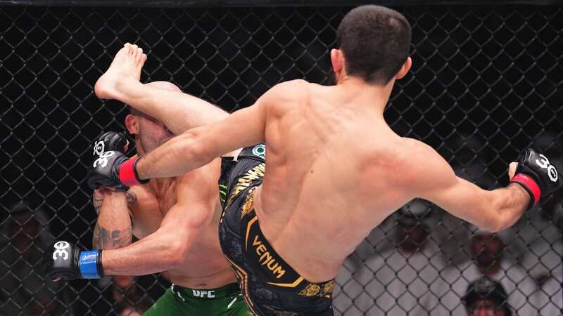 Islam Makhachev lands the fight-winning kick (Image: Zuffa LLC via Getty Images)