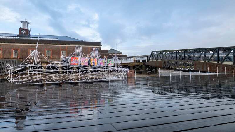 A 12 foot tall steel wire sculpture of HMT Empire Windrush has been unveiled to mark the end of Black History Month (Image: PinPep)