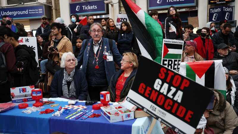 A pro-Palestinian protest around a poppy vendor during a sit-in at Charing Cross (Image: ANDY RAIN/EPA-EFE/REX/Shutterstock)