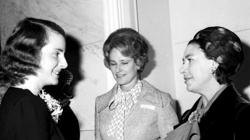 Lady Penn (centre) seen with Princess Margaret (right) in 1975 (Image: PA)