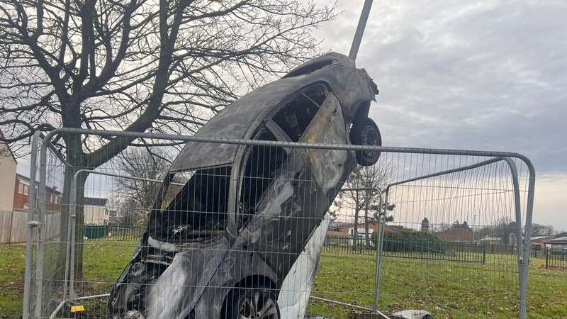 Horrific charred remains of burnt-out car that smashed into lamppost