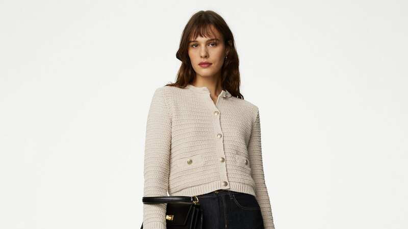 The Cotton Blend Textured Knitted Jacket in cappuccino (Image: Marks and Spencer)