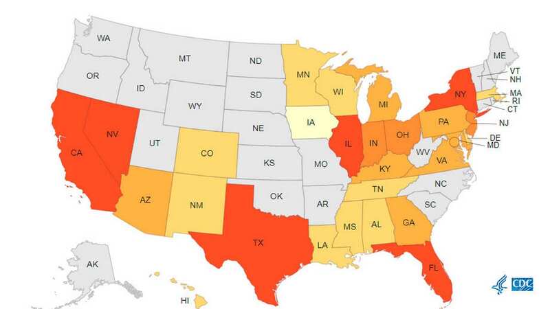 Map shows the spread of candida auris through the US (Image: cdc)