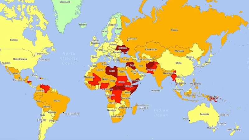 The Risk Map produced shows where people should avoid around the world (Image: travelriskmap.com)