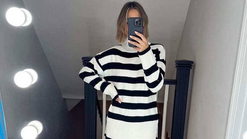 The oversized jumper is incredibly versatile and is great for dressing up with leather, or down with a pair of jeans (Image: Instagram/Frankie Bridge)