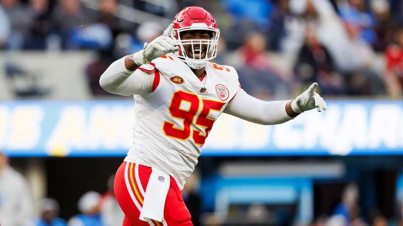Kansas City Chiefs players celebrate after Chris Jones gets a sack during the win over the Los Angeles Chargers (Image: Harry How/Getty Images)