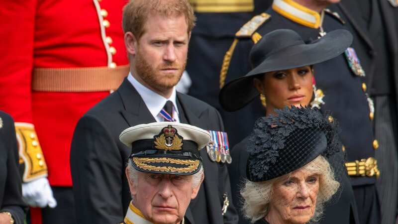 Prince Harry and Meghan Markle alongside King Charles and Queen Camilla (Image: Andy Stenning/Daily Mirror)