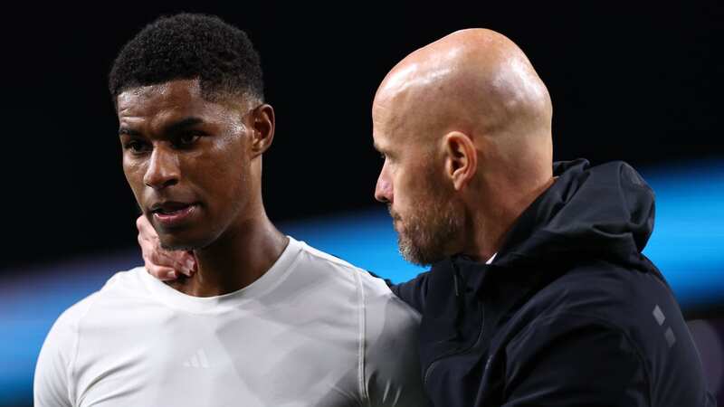 Marcus Rashford and Erik ten Hag during the Premier League match between Burnley FC and Manchester United (Image: Robbie Jay Barratt)