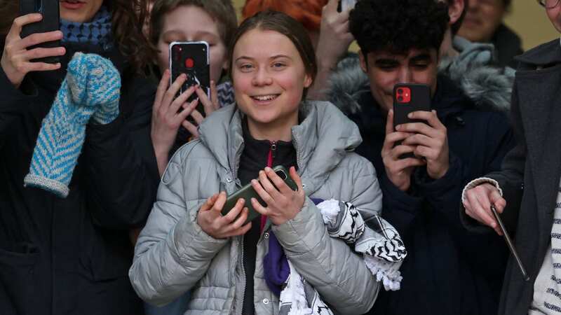 Greta Thunberg leaving Westminster Magistrates Court in London today after her charge was thrown out (Image: AFP via Getty Images)