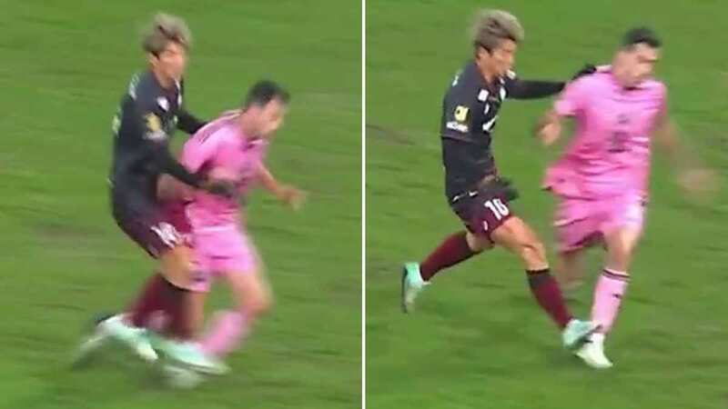 Sergio Busquets was left writhing in pain following a late challenge from a Vissel Kobe player (Image: MLS/ Twitter/ X)