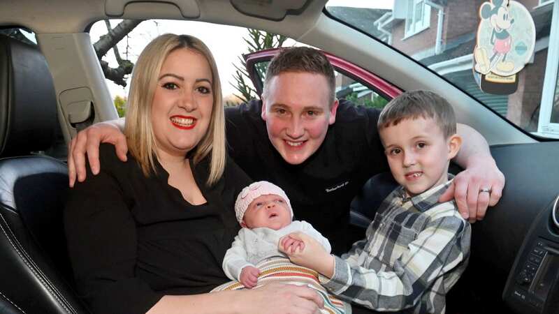 The Linkins family, Karla-Anne, Edd, with children Finley James, six, and Darcy-Anne, who was born in the family car (Image: Shropshire Star/SWNS)