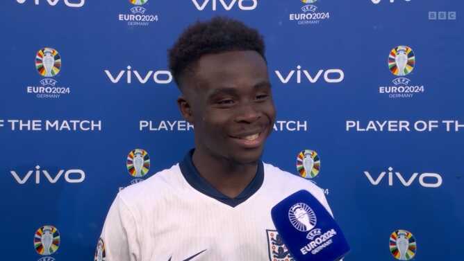 Saka smiled throughout his post-match interviewCredit: BBC
