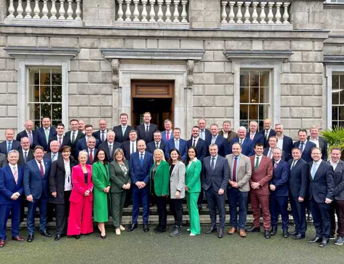 The Fianna Fáil leader, Micheal Martin (centre), with his TDs outside Leinster House in Dublin after the recent general election. Photograph: David Young/PA