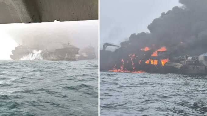 Oil tanker erupts in flames after collision off Yorkshire coast