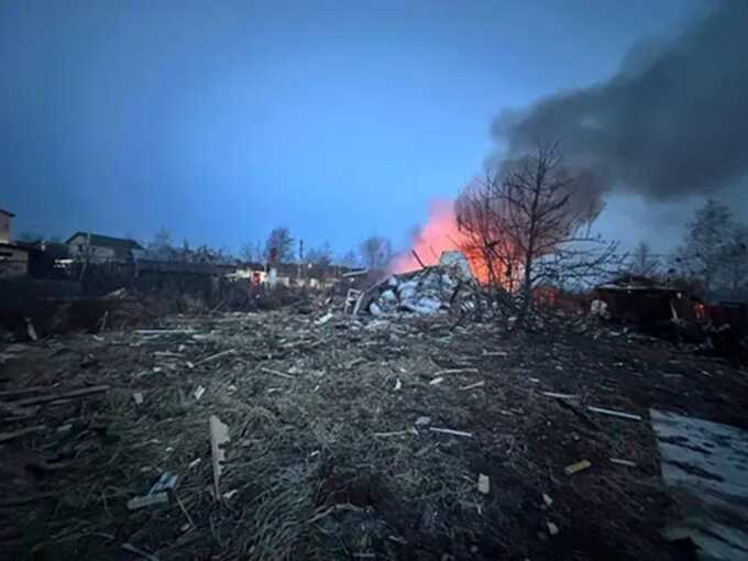 This photo released by Moscow Region Governor Andrei Vorobyev official telegram channel shows the site where one of the shot down Ukrainian drones fell, outside Moscow, Russia, on Tuesday, March 11, 2025. Picture: Alamy