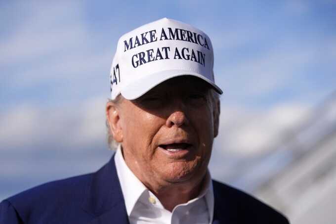 President Donald Trump speaks to reporters before boarding Air Force One at Morristown Municipal Airport in Morristown, NJ. May 25, 2025. Pic: AP Photo/Manuel Balce Ceneta