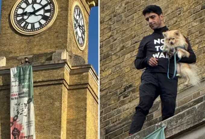 Protester scales King’s Cross clock tower with dog in pro-Iran demo