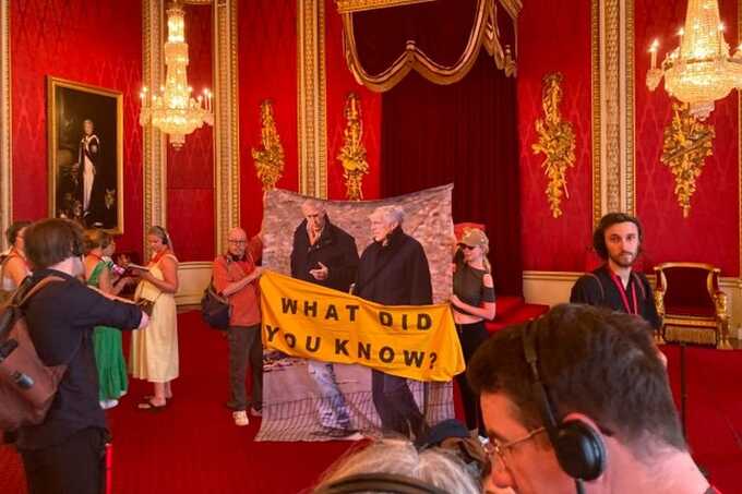 Anti-monarchy activists hang Prince Andrew and Jeffrey Epstein image inside Buckingham Palace