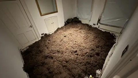 Another view of the shocking amount of soil dumped in the Reeves&rsquo; home, a testament to the audacity of the cannabis criminals.