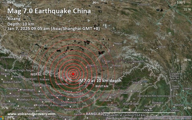 Jan. 7, 2025: China was shaken near Shigatse, Tibet, by an earthquake of magnitude 7.0 only 13 minutes ago, the German Research Centre for Geosciences (GFZ) reported. The quake hit at a shallow depth of 10 km beneath the epicenter near Shigatse, Tibet, China, in the morning on Tuesday, January 7th, 2025, at 9:05 am local time. Shallow earthquakes are felt more strongly than deeper ones as they are closer to the surface. The exact magnitude, epicenter, and depth of the quake might be revised within the next few hours or minutes as seismologists review data and refine their calculations, or as other agencies issue their report. dqxikeidqkikdinv