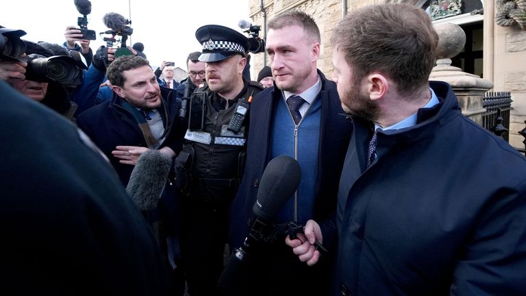 Former Scotland rugby captain Stuart Hogg leaves Selkirk Sheriff Court.
Pic: PA