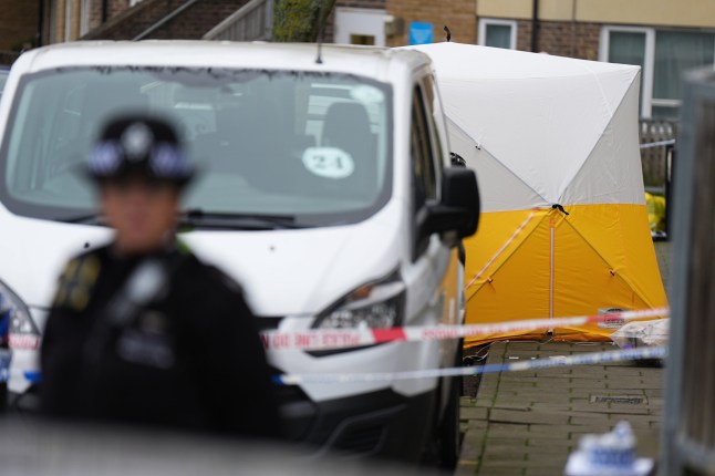 A forensic police tent where mum Michelle Sadio was shot in Willesden, London. dqxikeidqkikdinv