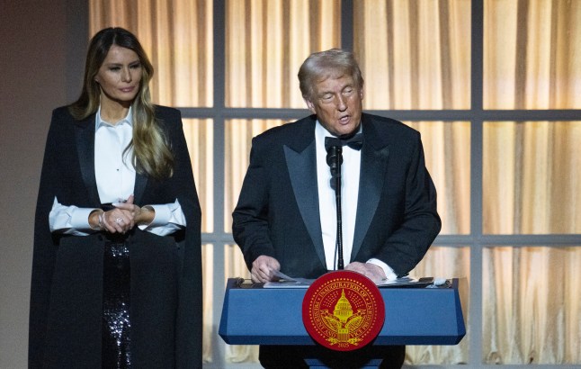 Melania Trump watches her husband, US President-elect Donald Trump, speak at a candlelight dinner at the National Building Museum in Washington, DC, on January 19, 2025, a day before his inauguration ceremony. (Photo by Jim WATSON / AFP) (Photo by JIM WATSON/AFP via Getty Images) dqxikeidqkikdinv