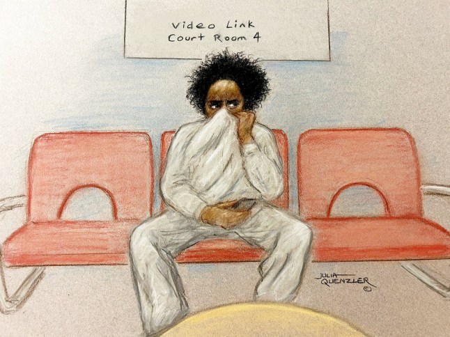 **TV OUT** Artist impression of Axel Rudakubana, appearing via videolink at Westminster Magistrates’ Court. October 30, 2024. Release date ? October 30, 2024. An 18-year-old who is accused of murdering three girls in Southport has appeared in court over a terror charge. Axel Rudakubana, who appeared via videolink at Westminster Magistrates’ Court, is charged with making the toxic poison ricin. He also faces a charge of possessing a PDF file likely to be useful in committing or preparing an act of terrorism. Mr Rudakubana held his grey tracksuit top over the bottom half of his face and did not respond when asked to confirm his name. A security officer with him at Belmarsh Prison, where the defendant is being held, told the court he had chosen not to speak. dqxikeidqkikdinv