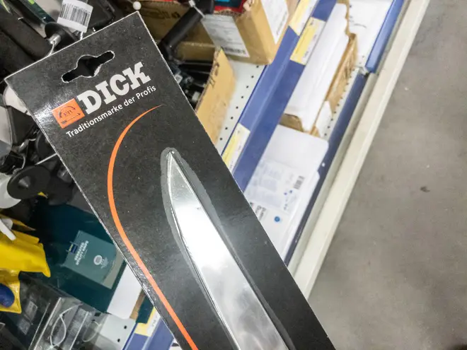 Picture of a logo of Dick on dick knife for sale in Belgrade. Friedr. DICK is a German cutlery manufacturer founded 1778 in Esslingen, Germany. Known dqxikeidqkikdinv
