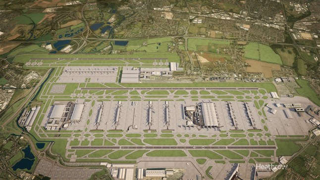 An aerial CGI visual of Heathrow Airport showing what the area would look like if third runway is built. dqxikeidqkikdinv