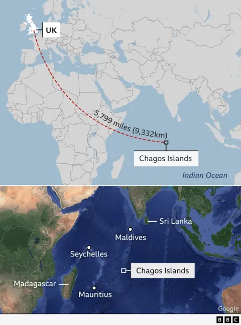 An infographic map showing where the Chagos Islands are on a world map and their proximity to the UK dqxikeidqkikdinv