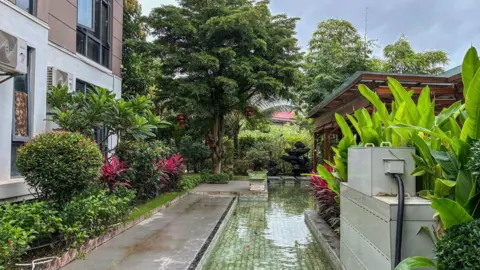Jonathan Head/BBC A view of the villa that is being used by He Yingxiong who is currently running Shwe Kokko. The house overlooks a lush plants, a water body and overlooks a river and green trees on the other side
