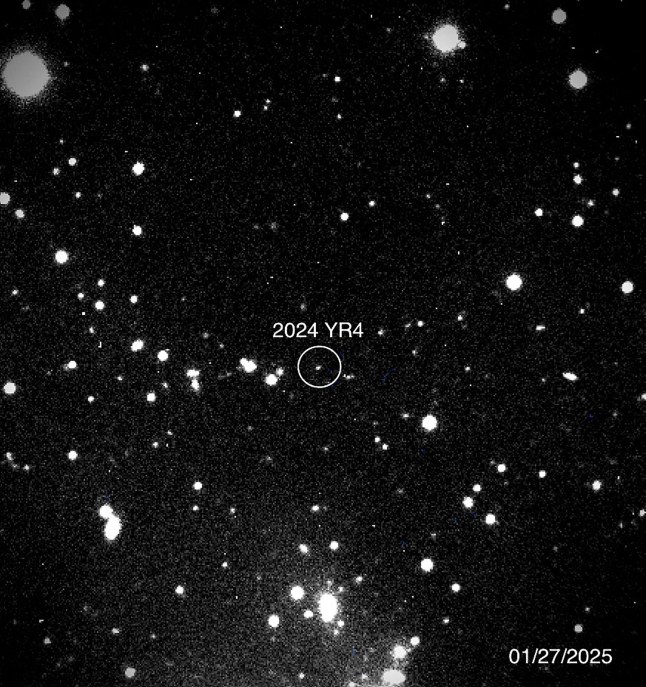 This handout picture provided by NASA on January 31, 2025 shows asteroid 2024 YR4 as observed by the Magdalena Ridge 2.4m telescope at the New Mexico Institute of Technology on January 27, 2025. A colossal explosion in the sky, unleashing energy thousands of times greater than the Hiroshima bomb. A blinding flash that momentarily outshines the Sun. A shockwave powerful enough to flatten everything for miles. There&rsquo;s a small but real chance this apocalyptic scenario could unfold in eight years -- if a newly detected asteroid, nearly the size of a football field, collides with Earth. While there&rsquo;s no immediate cause for alarm, scientists are watching closely. (Photo by Handout / NASA/Magdalena Ridge 2.4m telescope/New Mexico Institute of Technology/Ryan / AFP) / RESTRICTED TO EDITORIAL USE - MANDATORY CREDIT  dqxikeidqkikdinv