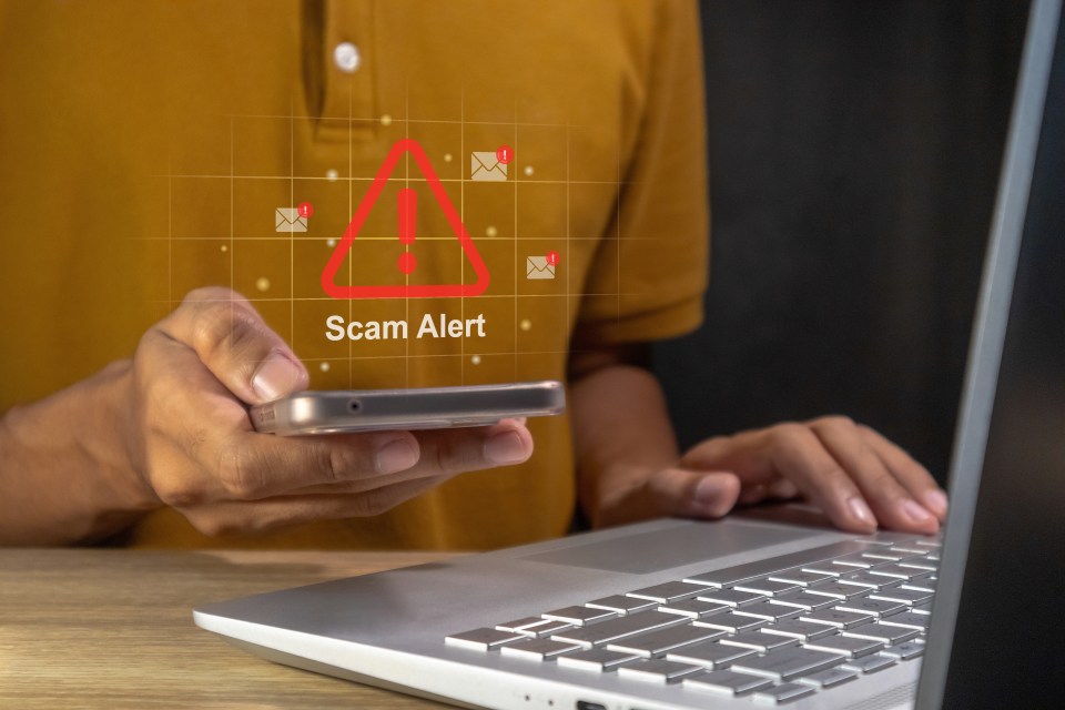 Person receives scam alert on their smartphone while working on a laptop. dqxikeidqkikdinv