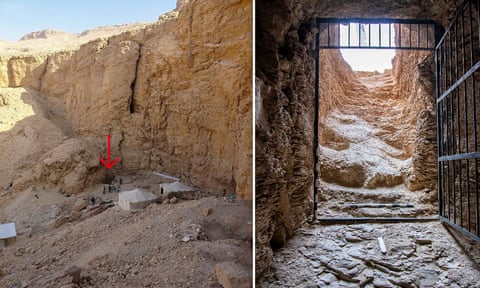 Two images divided vertically; on the left, a small group of people highlighted alongside a sunny cliff, and on the right, the remains of a staircase leading underground with an open gate. dqxikeidqkikdinv
