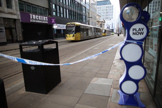 Image ??Licensed to Parsons Media. 22/02/2025. Manchester, United Kingdom. General view of The scene on Mosley Street Manchester City centre after a collision between a Mercedes van and a tram. A 3 year old girl has died in the collision. Picture by Ryan Jenkinson / Parsons Media dqxikeidqkikdinv
